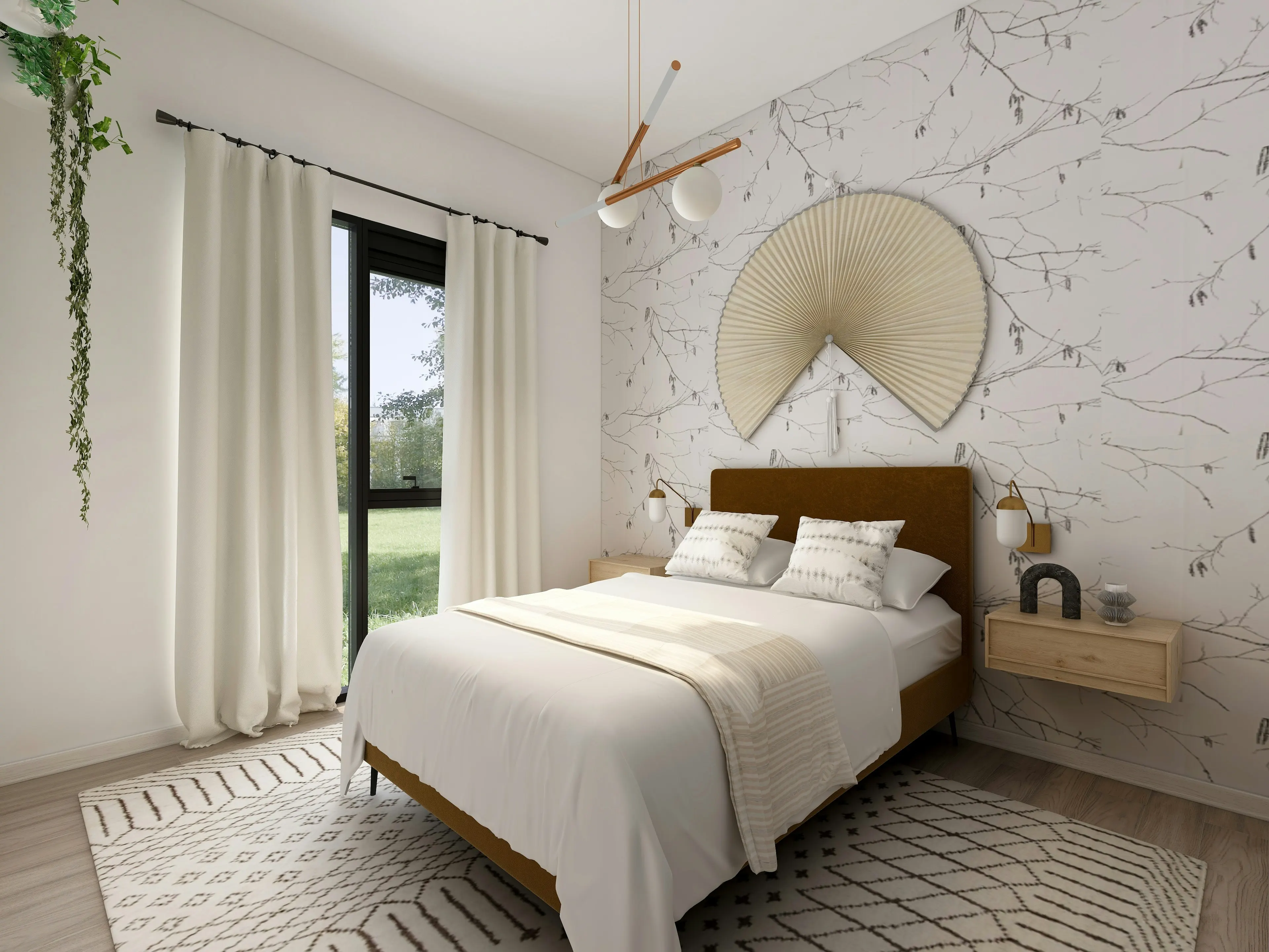 Double bed in a bright bedroom with a tall window (reference image)