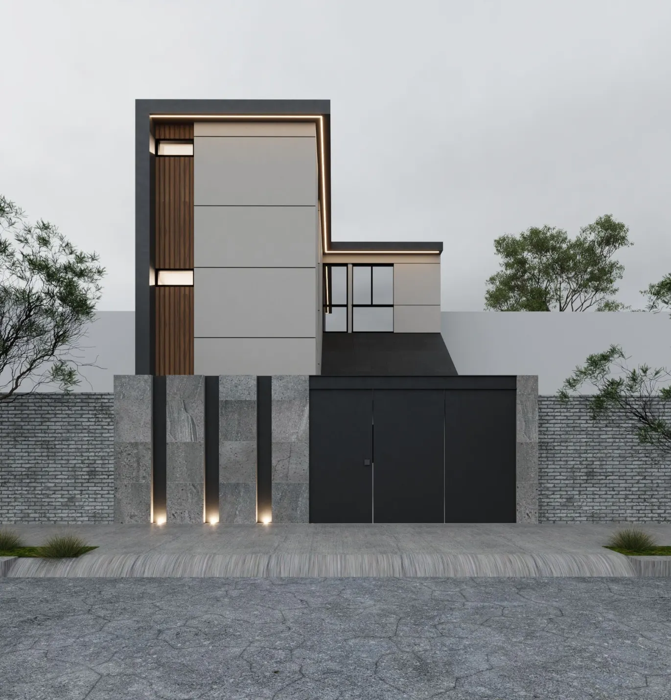 Architectural rendering of the Elite Recovery facade: a modern two-story house with wood and stone details behind a private gate.