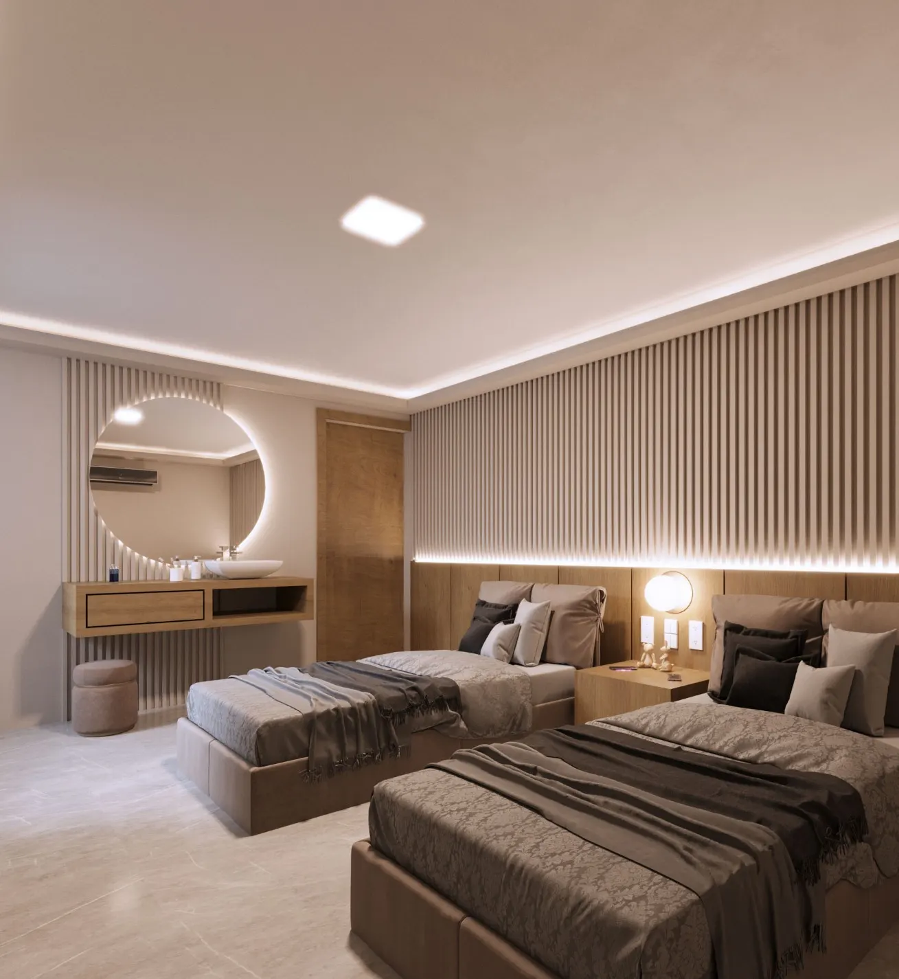 Rendering of a typical bedroom with two single beds, a slatted wall and a vanity with a round backlit mirror.