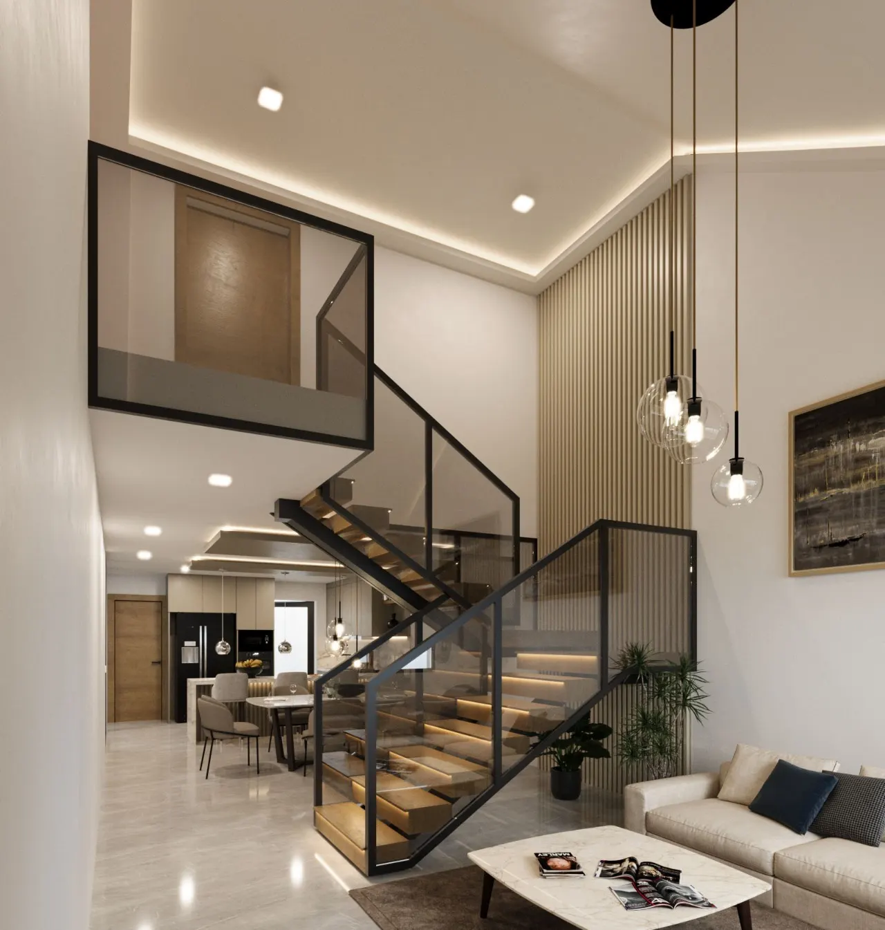 Rendering of the double-height living room with a floating glass staircase, open to the dining room and kitchen.