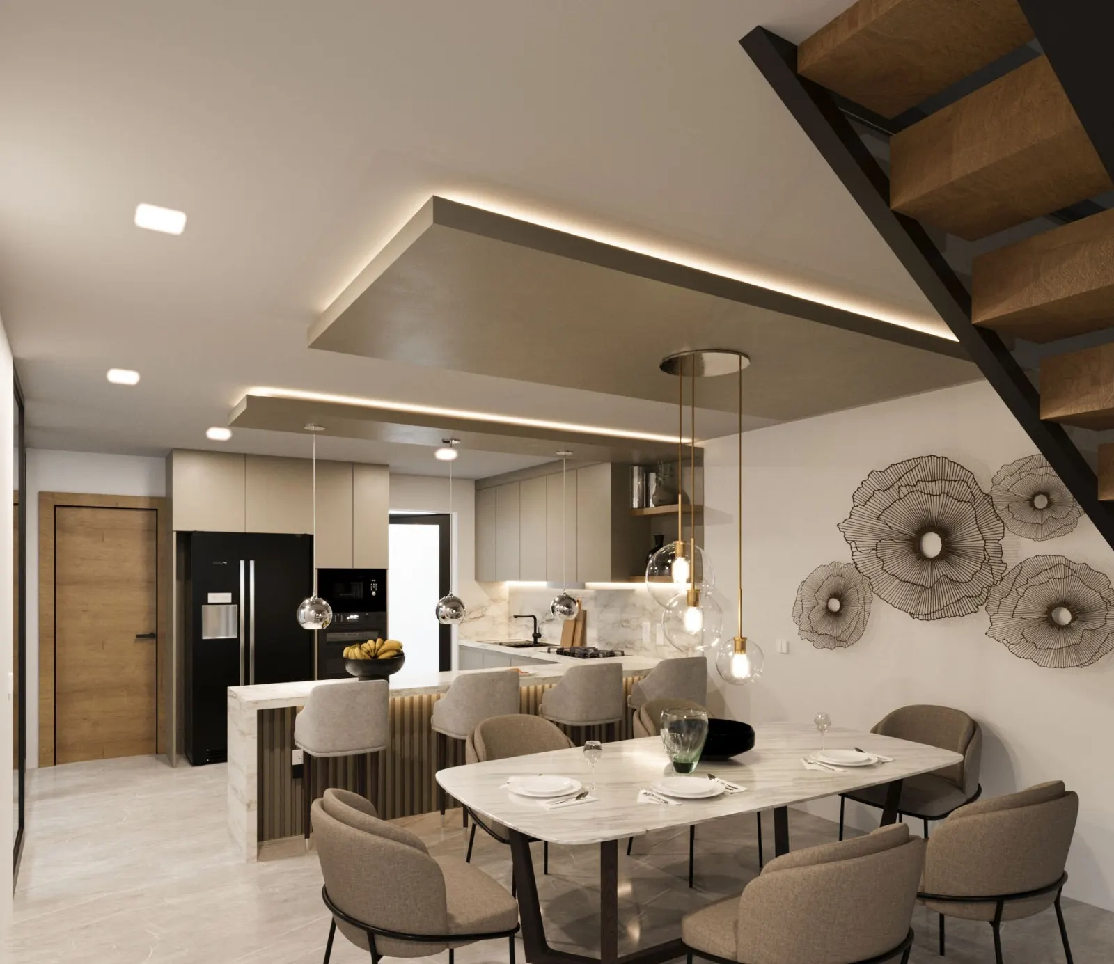 Rendering of the dining area: a marble table for six with the open kitchen behind and a wood-and-steel staircase.